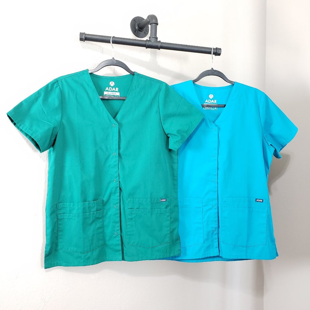 Adar Hunter Green Teal Blue Double Pocket Snap Front Scrub Top Bundle Medium